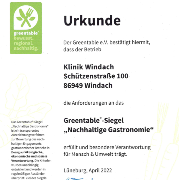greentable zertifizierung klinik windach
